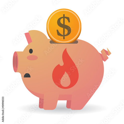 Isolated piggy bank with a flame