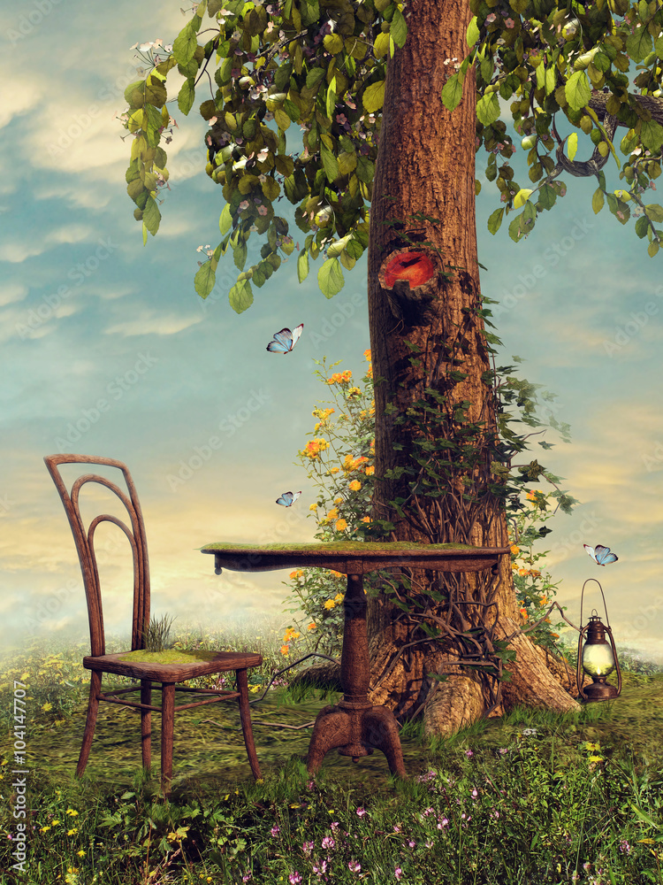 Stolik i krzesło na wiosennej łące pod drzewem - obrazy, fototapety, plakaty 