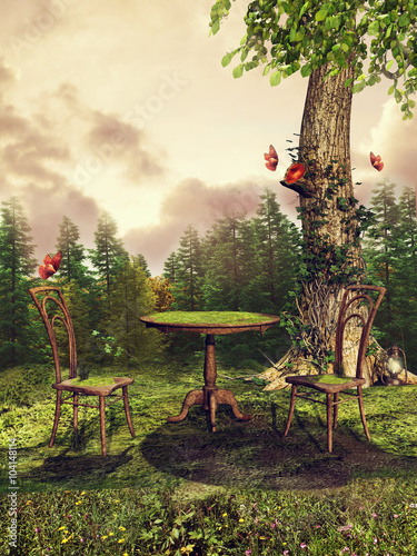 Fototapeta Stolik i krzesła porośnięte mchem na wiosennej łące z drzewem i motylami