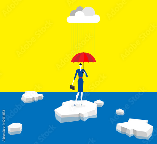 The worse day / A business woman stand alone on a ice in a rainy day.