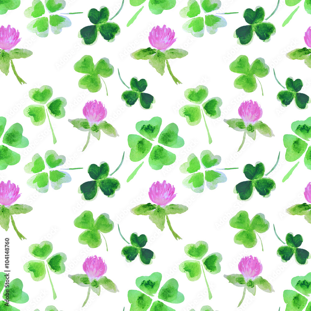 Seamless pattern with watercolor leaves and flowers of clover for your design