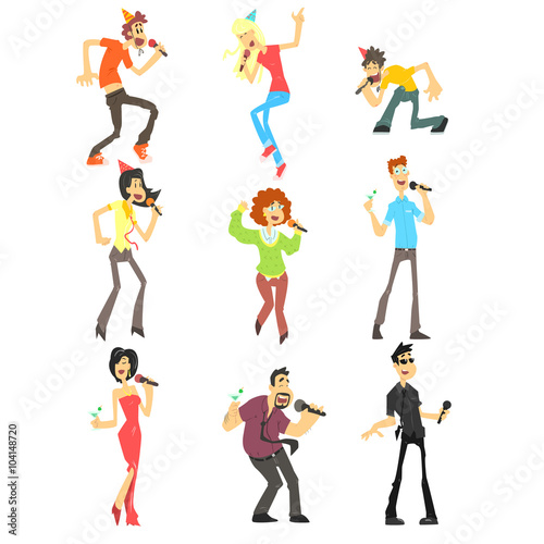 People Singing Karaoke, Vector Illustration Set