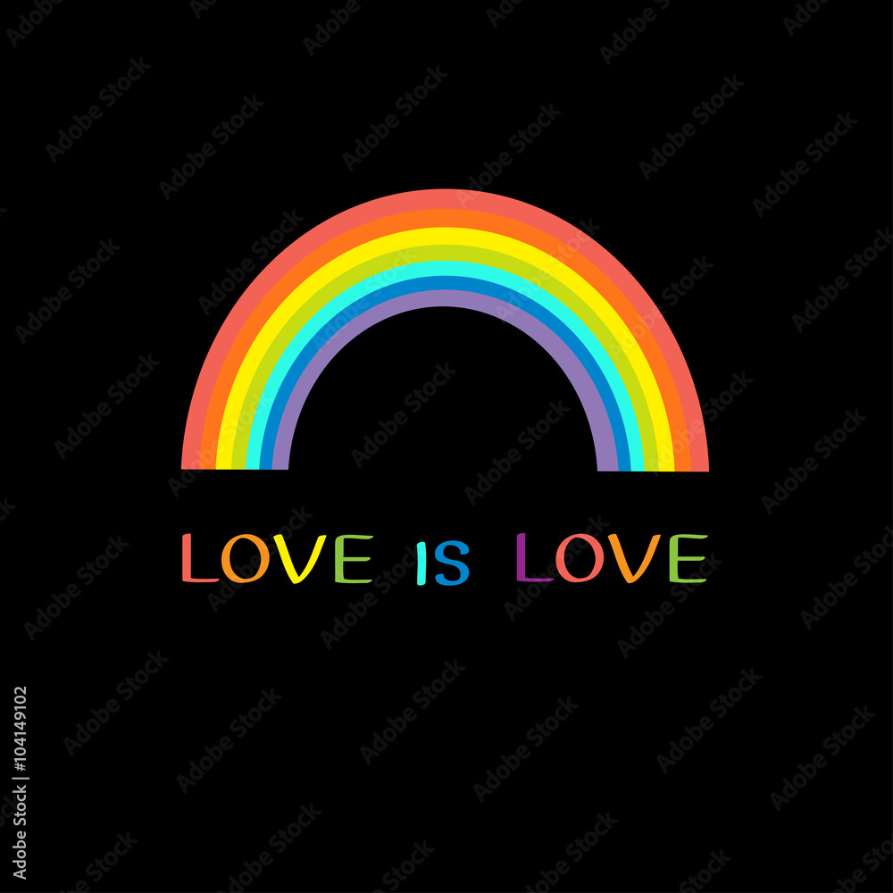 Rainbow on black background. Love is love text quote. Greeting card ...