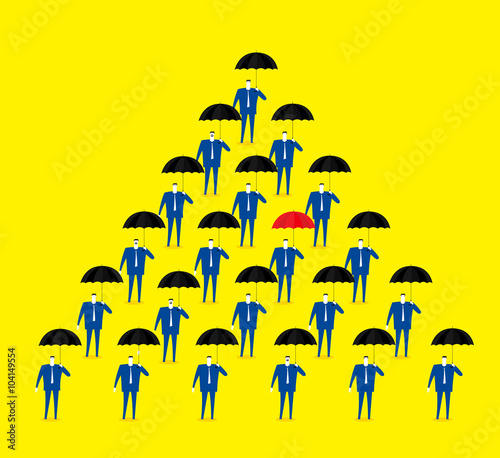The special one / Only one business man of the group hold a different color umbrella.