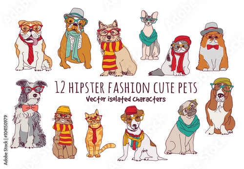 Cute cats and dogs fashion hipster isolated pets. 