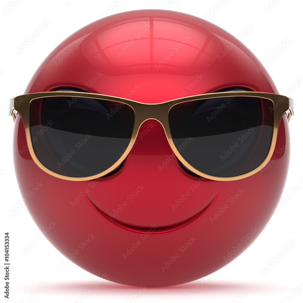 Smiley alien face cartoon cute sunglasses head emoticon monster ball red golden avatar. Cheerful funny smile invader person character toy laughing eyes joy icon concept. 3d render isolated