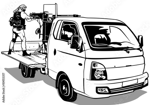 Terrorist with Machine Gun on Pick Up Car - Illustration, Vector