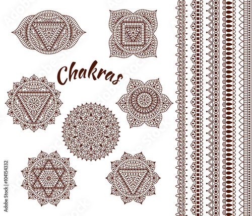 Set of seven chakras. Oriental ornaments and borders for henna tattoo and for your design. Buddhism decorative elements. Vector illustration.