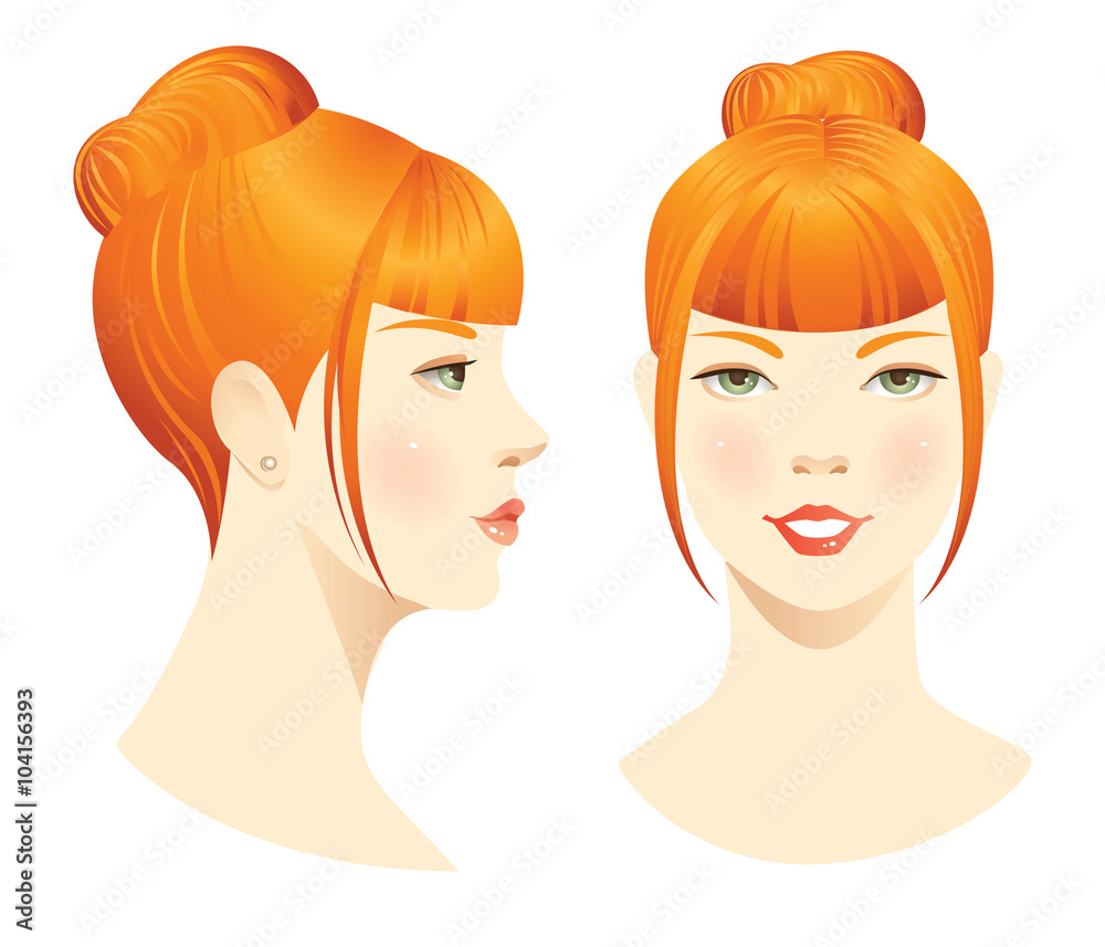Woman face isolated on white background. Vector set of beautiful face with elegant haircut. Face in front. Face in profile. Hairstyles with bangs. Woman face isolated on white background. Vector set of beautiful face with elegant haircut. Face in front. Face in profile. Hairstyles with bangs.