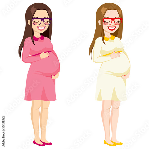 Beautiful full body illustration of pregnant woman touching her belly smiling