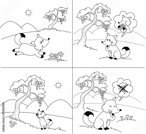 Four coloring illustration for The Fox and the Grapes Aesopo's fable.
