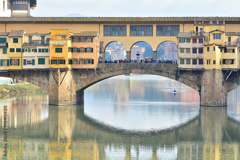 The most famous bridge in Florence, Ponte Vecchio; the medieval time in Italy.