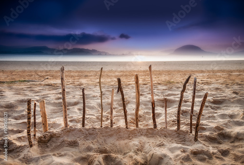 wooden barrier on the beach at sunset