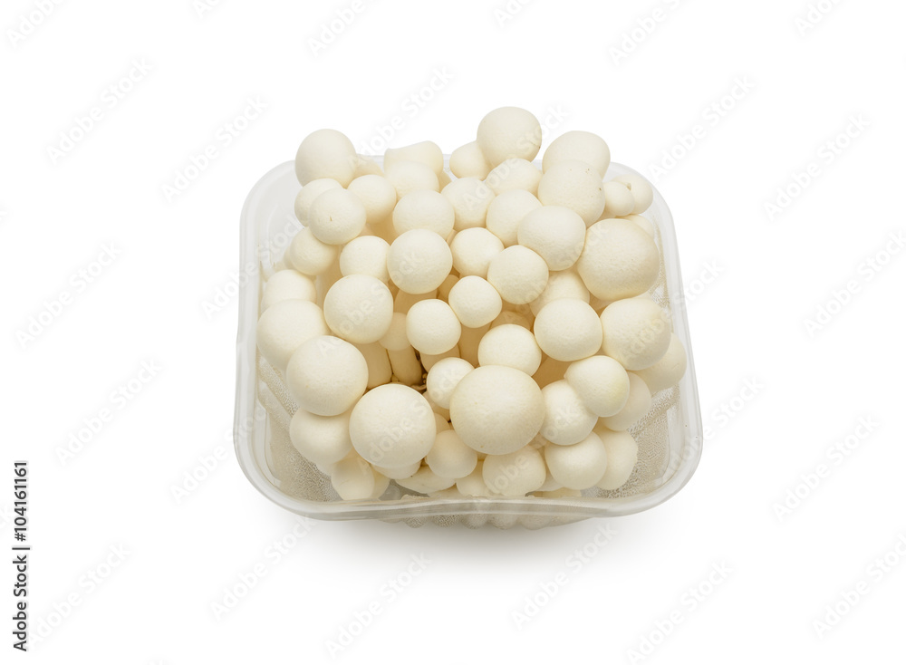 White shimeji mushrooms in box on white background White shimeji mushrooms in box on white background