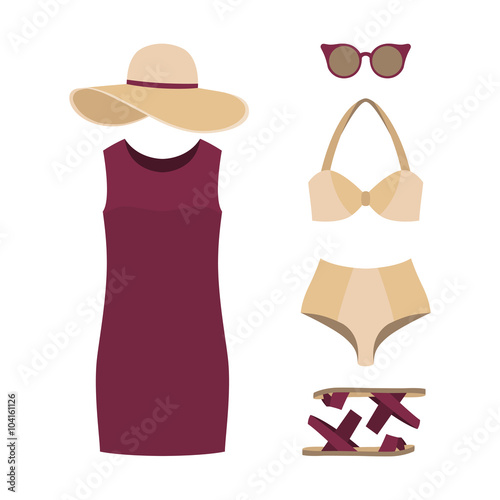 Set of trendy women's clothes. Outfit of woman swimsuit, dress and accessories. Women's wardrobe. Vector illustration