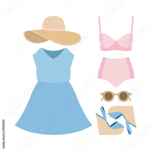 Set of trendy women's clothes. Outfit of woman swimsuit, dress and accessories. Women's wardrobe. Vector illustration