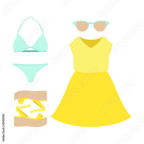 Set of trendy women's clothes. Outfit of woman swimsuit, dress and accessories. Women's wardrobe. Vector illustration