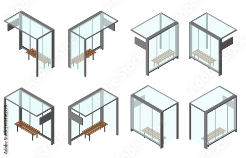 Isometric glass bus stop. Set of 8 camera angles from different