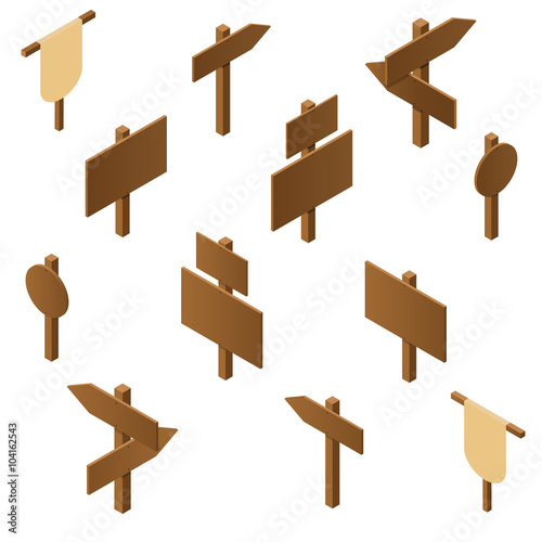 Isometric wooden pointers. Brown plywood. Rustic signs direction