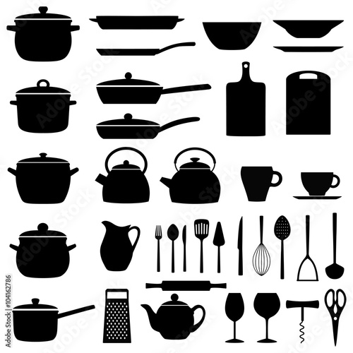 Set of kitchen utensils; silhouettes of kitchenware, vector illu