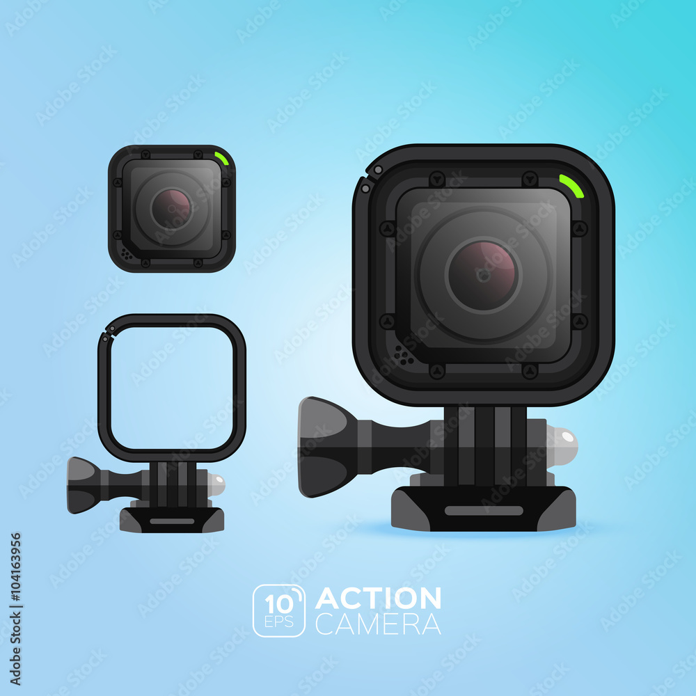 Action camera. illustration. Vector image isolated on blue background. Action camera. illustration. Vector image isolated on blue background.