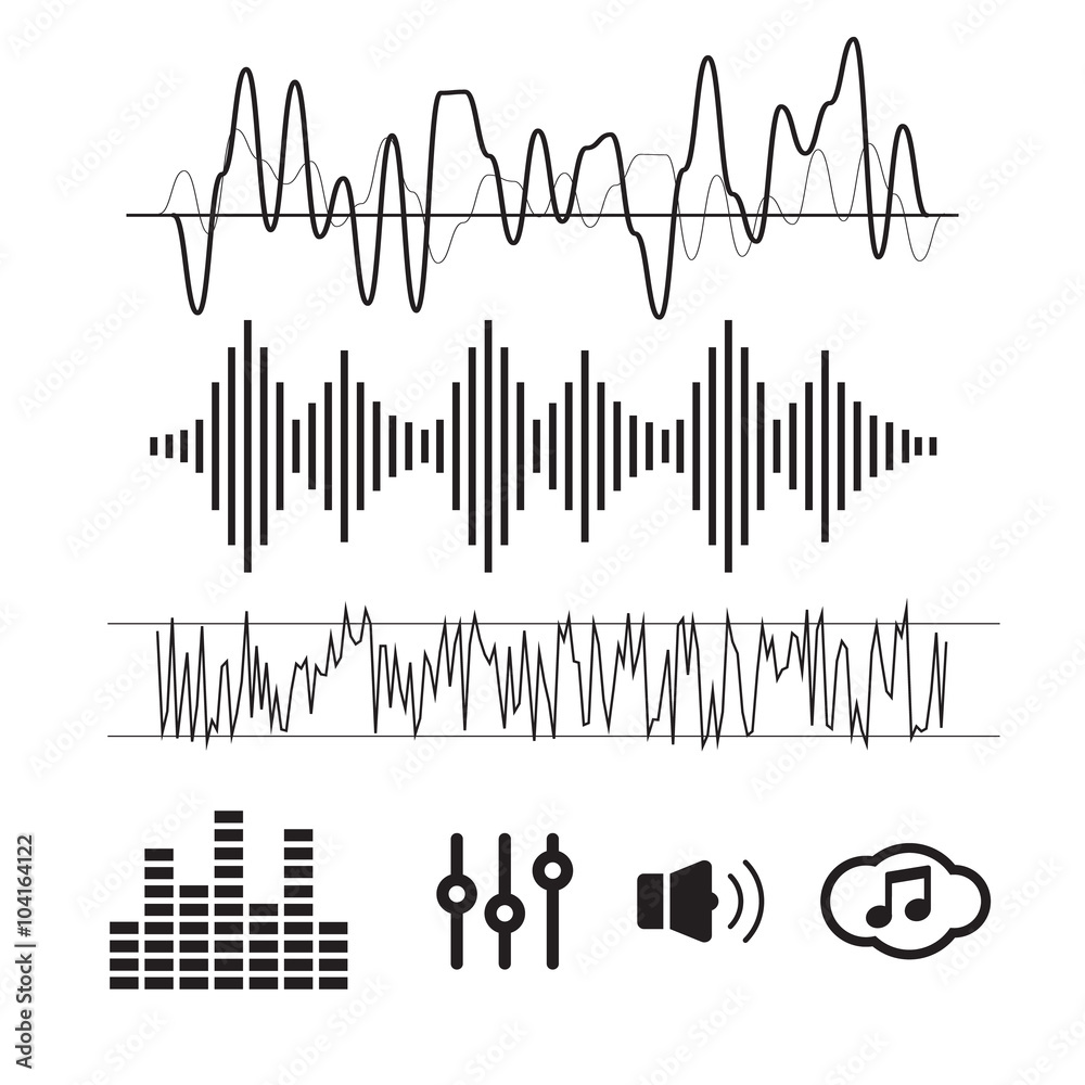 Vector Sound Waveforms. Sound waves and musical icons