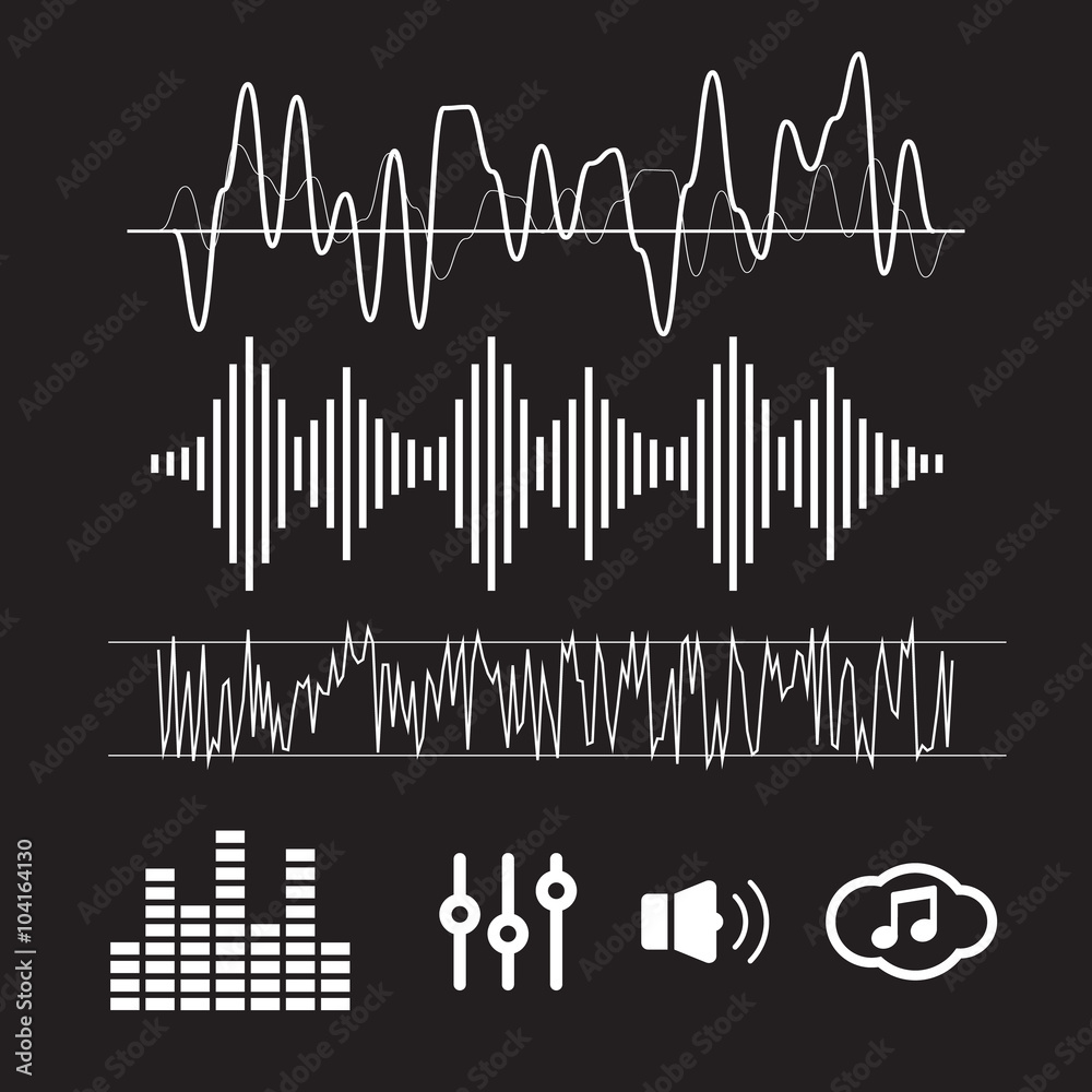 Vector Sound Waveforms. Sound waves and musical icons