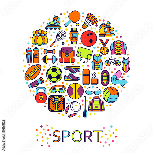 Circle made of line icons. Sport, fitness and recreation equipment. Rafting and kayaking. Info graphic elements. Simple design. Vector illustration