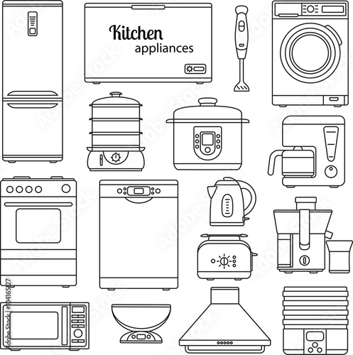 Set of line icons. Kitchen appliances. Oven and toaster, fridge and freezer, stove and dishwasher. Contour icons. Info graphic elements. Simple design. Vector illustration 