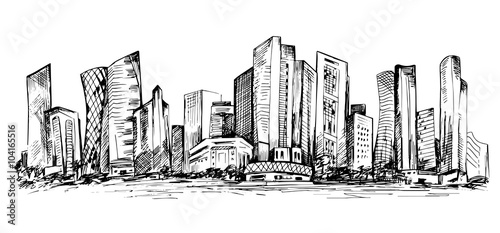 Hand drawn horizontal scene of office buildings