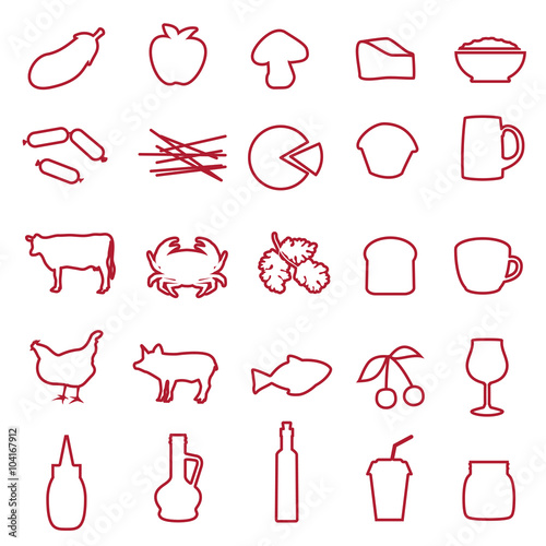 Set of black icons of different type of food and drinks