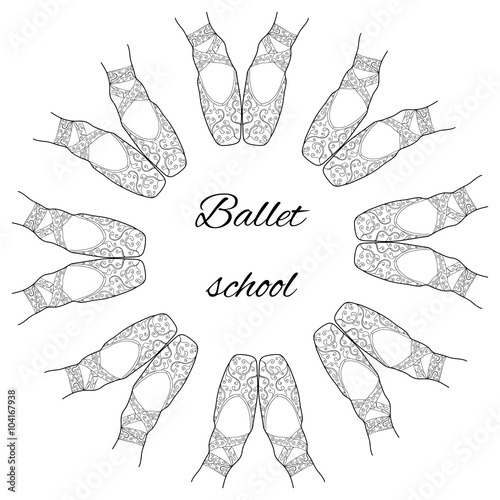 Circle of ballet pointe shoes with ornament and place for text. Black and white illustration. Template for design of the ballet school