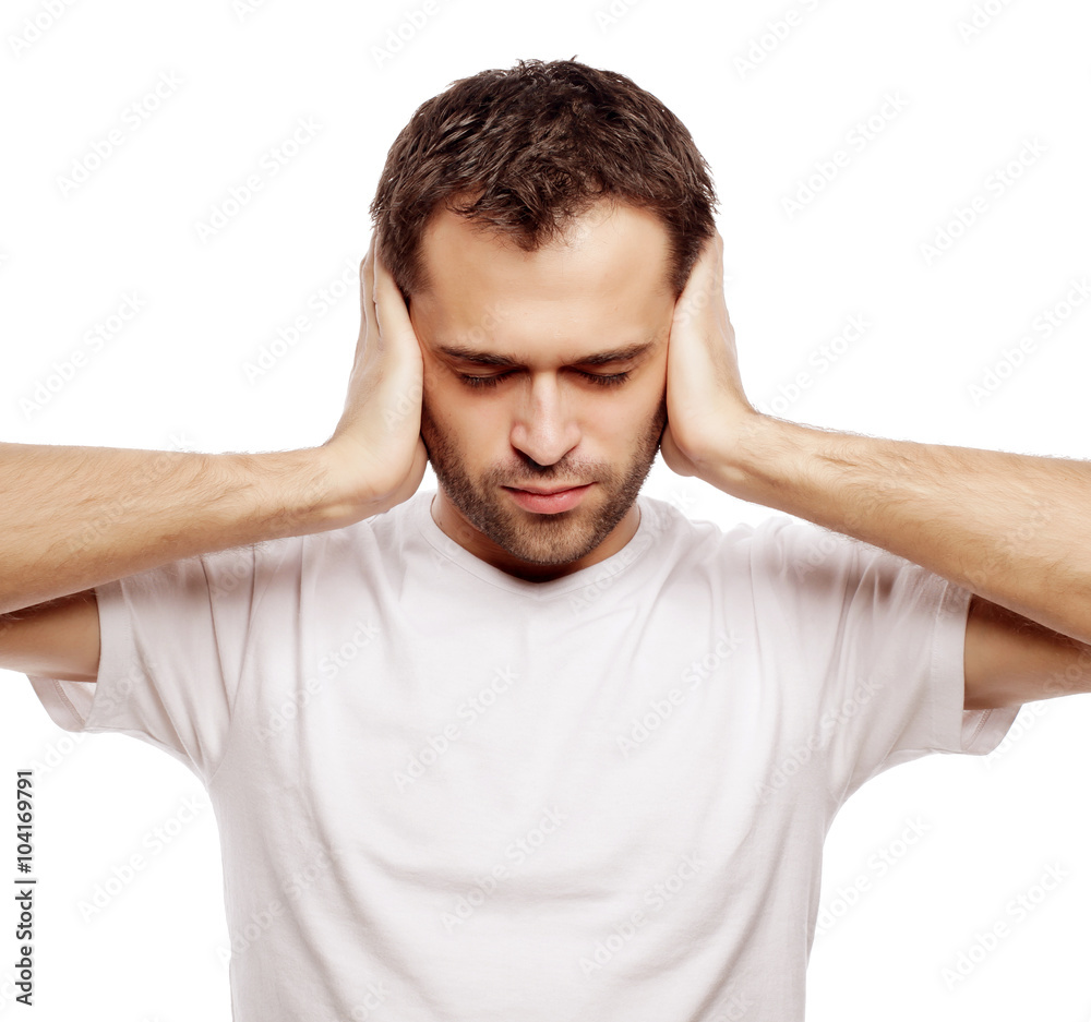 man hold hands on temples ears man hold hands on temples ears