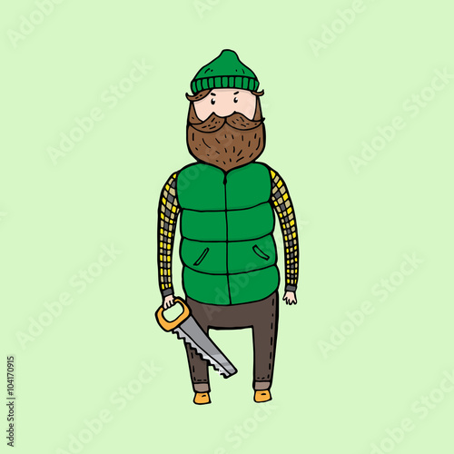 Cute bearded lumberjack with a saw