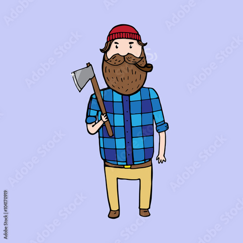 Cute bearded lumberjack with an axe