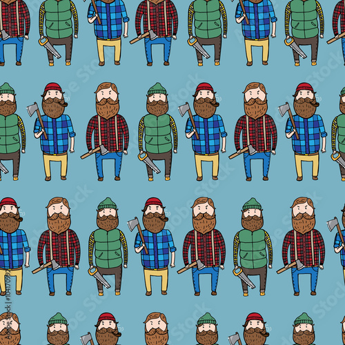 Seamless pattern with cute lumberjacks