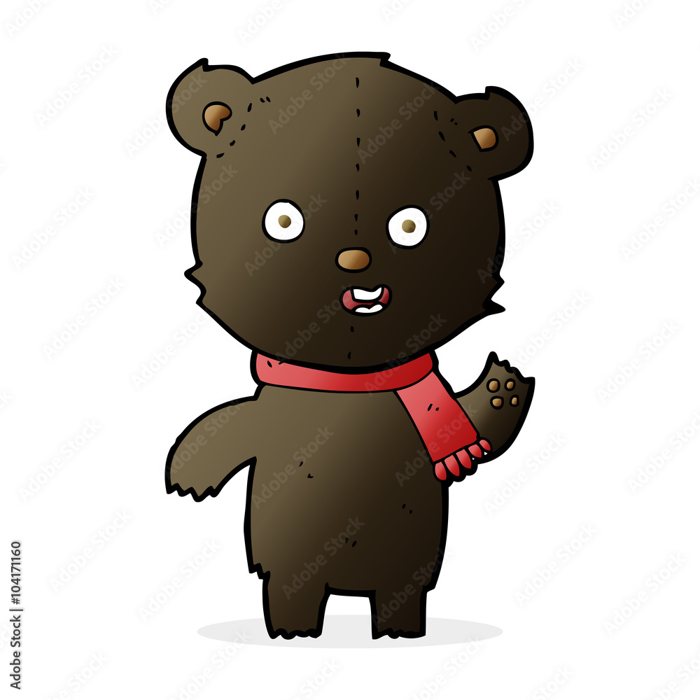 cartoon waving black bear cub with scarf cartoon waving black bear cub with scarf