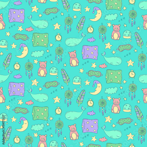 Seamless pattern with sleeping whales, pillows, stars, etc