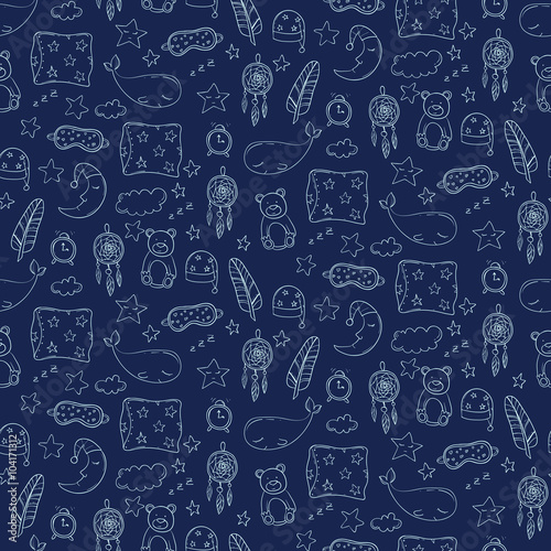 Seamless pattern with sleeping whales, pillows, stars, etc