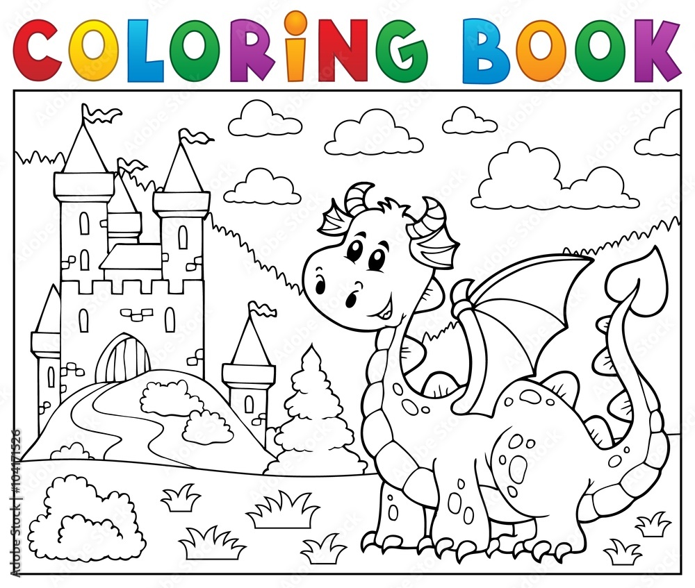 Fototapeta premium Coloring book dragon near castle theme 1