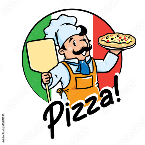 Emblem of funny cook or baker with pizza