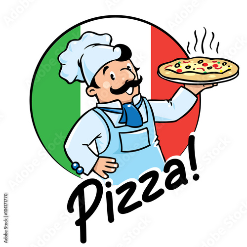 Emblem of funny cook or baker with pizza