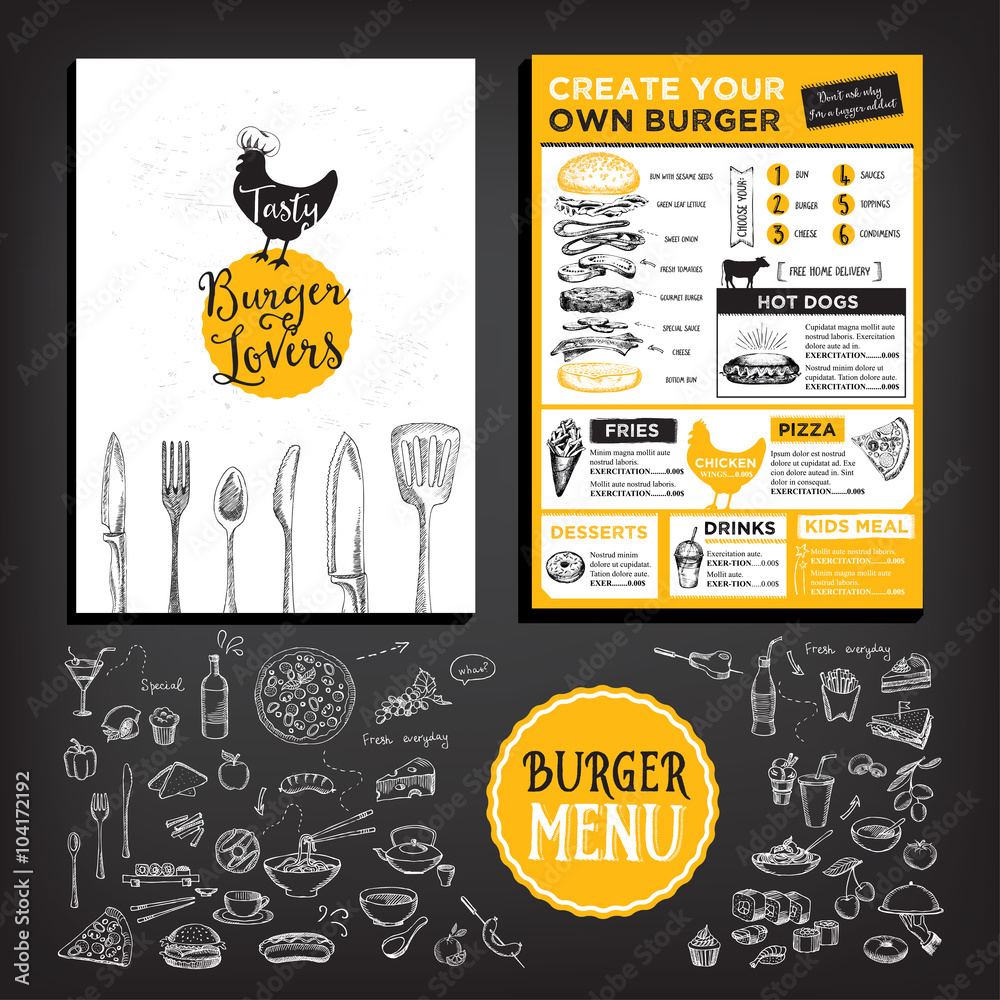 Fototapeta Food menu, restaurant template design. Flyer cafe. Brochure vintage. Cook idea.