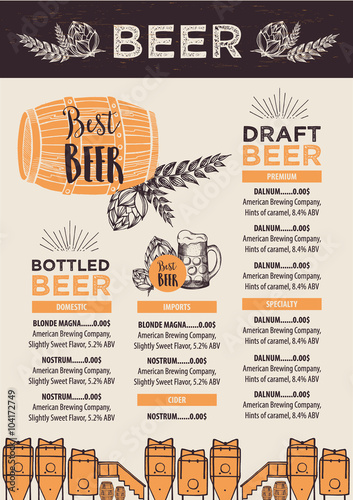 Beer restaurant cafe menu, template design.