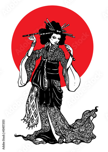 Beautiful japanese woman with hairpins on white background with