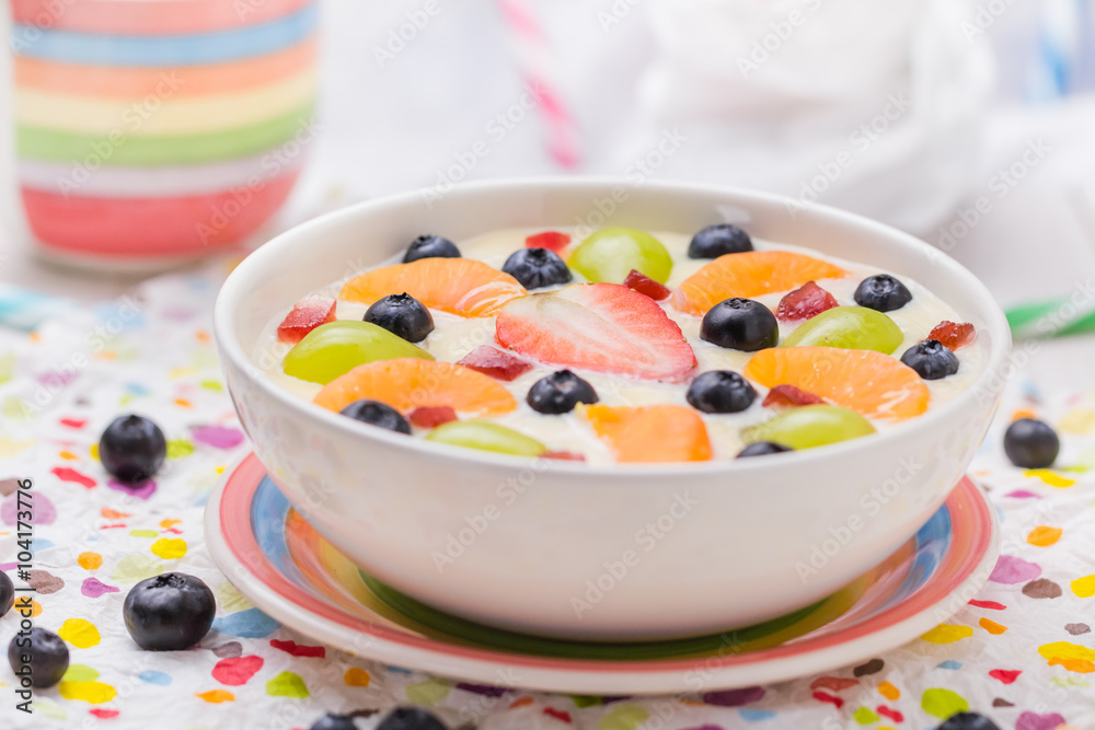 Delicious milky vanilla pudding colorful fruit
