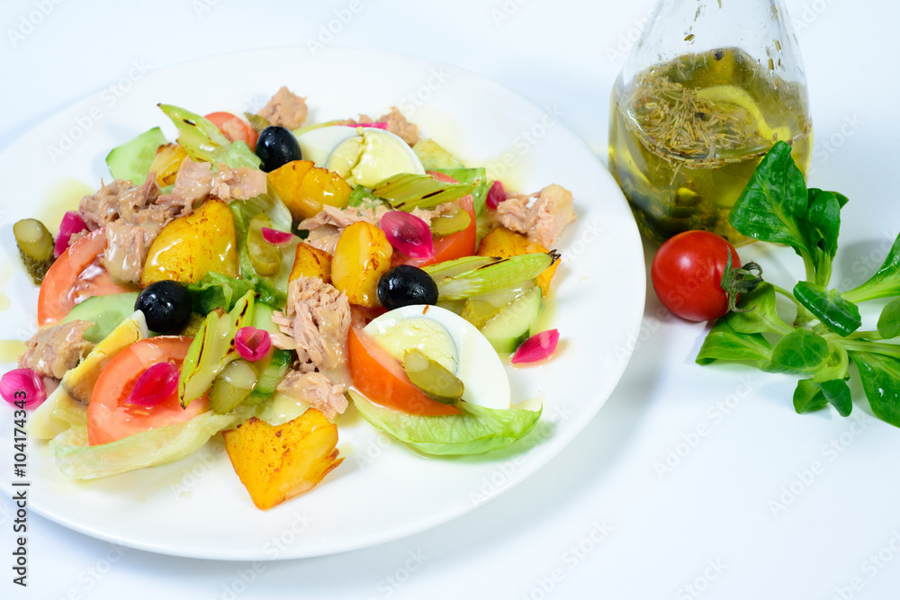 salad with meat,egg, tomatoes, olives and vegetables salad with meat,egg, tomatoes, olives and vegetables
