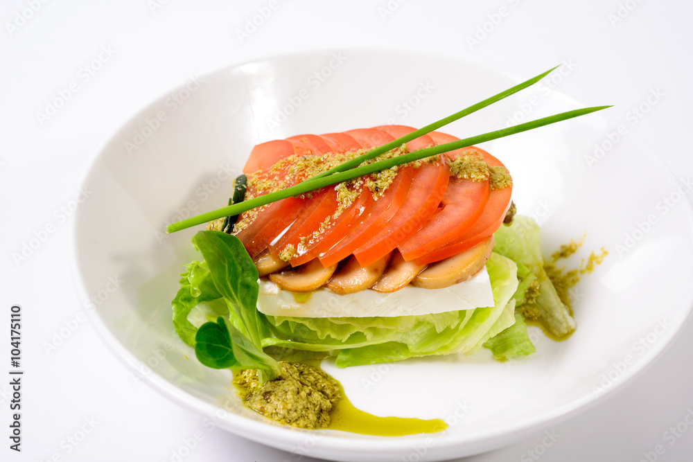 classic Caprese salad with tomatoes, cheese, herbs and sauce classic Caprese salad with tomatoes, cheese, herbs and sauce