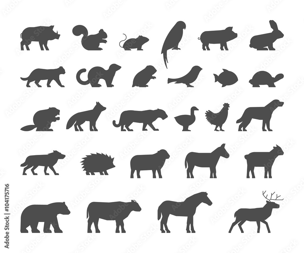 Black silhouettes pets, farm and wild animals. Black silhouettes pets, farm and wild animals.