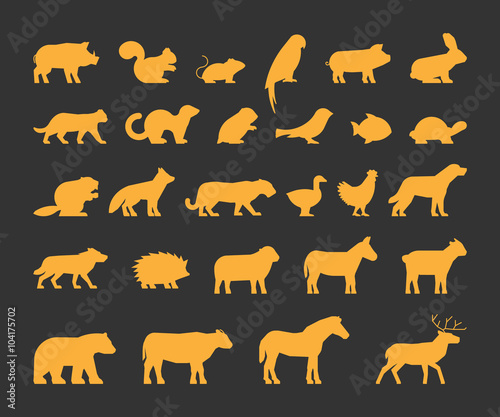 Gold silhouettes set of farm and wild animals.